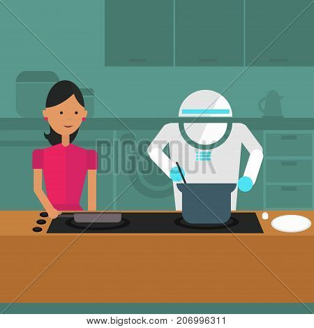 Domestic robot helping his owner at kitchen. Personal robot preparing breakfast futuristic concept illustration vector.