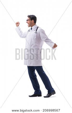 Young doctor physician standing walking isolated on white backgr