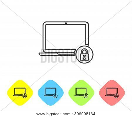 Grey Laptop And Lock Line Icon On White Background. Computer And Padlock. Security, Safety, Protecti
