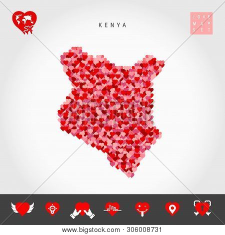 I Love Kenya. Red And Pink Hearts Pattern Vector Map Of Kenya Isolated On Grey Background. Love Icon