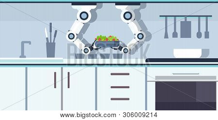Smart Chef Robot Hands Holding Bowl With Fresh Salad Kitchen Assistant Concept Automation Robotic In
