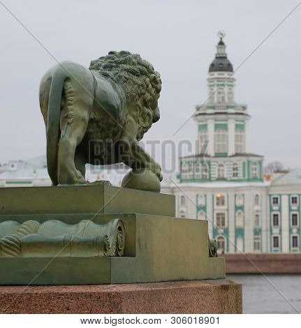 Lion Statue, Admiralteyskaya Embankment, St. Petersburg, Russia November 2018
