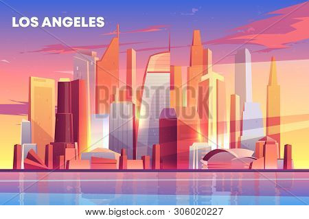 Los Angeles City Skyline Architecture Near Waterfront, Modern Megapolis With Buildings Skyscrapers R