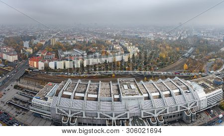 Areal View Of Berlin From Funkturm Fog In The Autumn. Germany