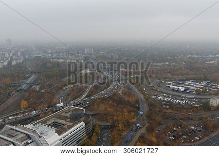 Areal View Of Berlin From Funkturm Fog In The Autumn. Germany
