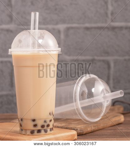 Takeout With Disposable Item Concept Popular Taiwan Drink Bubble Milk Tea With Plastic Cup And Straw