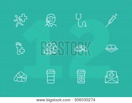 Medical Aid Line Icon Set. Stethoscope, Syringe, Pills. Medicine Concept. Can Be Used For Topics Lik