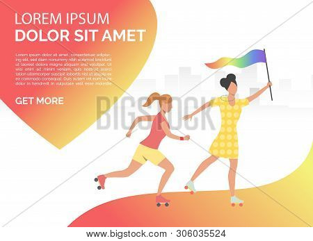 Female Couple With Rainbow Flag Roller-skating. Women, Gay, Lesbian, Lgbt Community. Homosexuality C