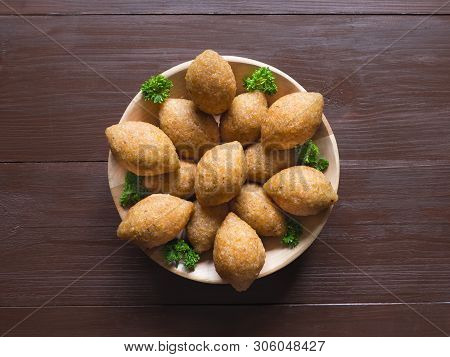 Traditional Arabic Kibbeh With Lamb And Pine Nuts. Top View.