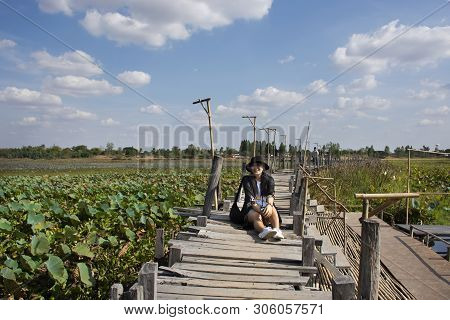 Travelers Thai Women People Travel Visit And Posing Portrait For Take Photo On Kae Dam Long Wood Bri