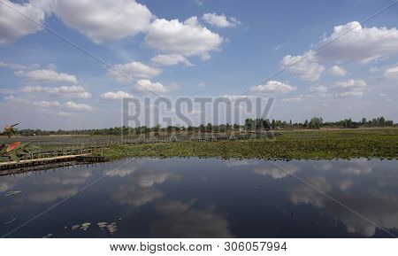 Kae Dam Long Wooden Bridge For Walking Travel And Visit In Maha Sarakham Province, Northeastern Thai