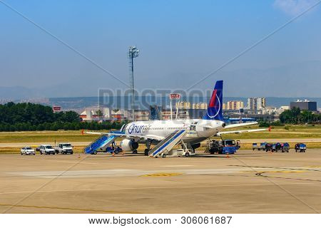 Antalya, Turkey, May 19, 2019. Airbus A 320 Onur Air Airlines Parked At The Airport