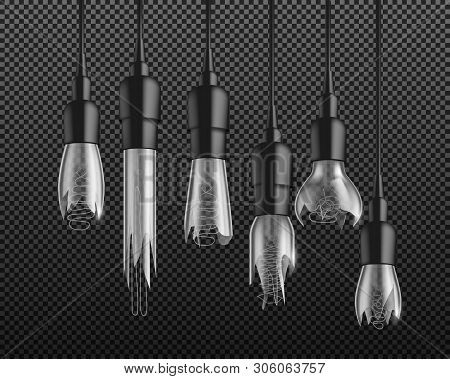 Different Shape Vintage, Retro Incandescent Lamp Bulbs With Broken, Damaged Glass, Bare Filament, Ha