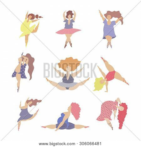 Body Positive Girls With Active Life Style. Happy Plus Size Womens Charakters Set. Vector Illustrati