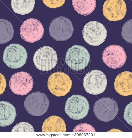 Seamless Pattern With Yellow, Steelblue, Pale, Pink Textured Circles. Digital Painting. Dark Blue Ba