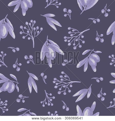 Seamless Pattern With Meadow Steelblue Olive Berry And Bushes. Digital Painting. Dark Blue Backgroun
