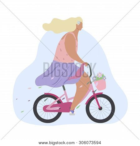 Active Modern Romantic Girl On A Pink Bike With Flowers In Basket. Modern Flat Illustration Side Vie