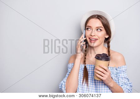 Portrait Of Charming She Her Lady Teen Teenager Millennial Hold Hand Use User Modern Technology Have