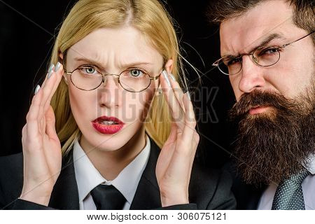 Business Professional. Successful Managers Portrait. Man And Woman Business Partners In Eyeglasses. 