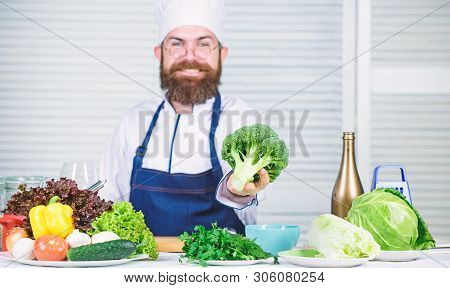 Vegetarian. Mature Chef With Beard. Dieting And Organic Food, Vitamin. Bearded Man Cook In Kitchen, 