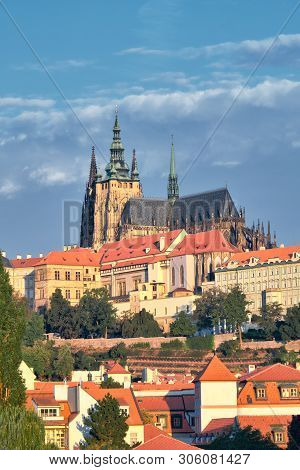 St. Vitus Cathedral Towers And Roofs Of Old Prague Under Dramatic Sky