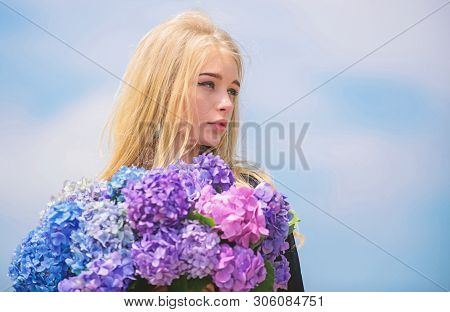 Pollen Allergy. Gentle Flower For Delicate Woman. Girl Tender Blonde Hold Hydrangea Flowers Bouquet.
