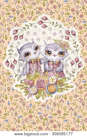 Cute Watercolor Owl In Circle Flower Frame, Childish Style, Floral Background, Handpainted Illustrat