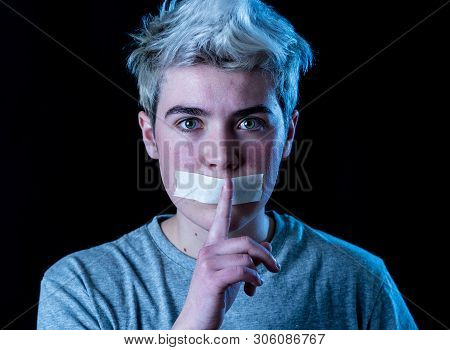 Young Transgender Boy With Taped Mouth Making Him  Silenced Not Able To Talk About His Gender Identi