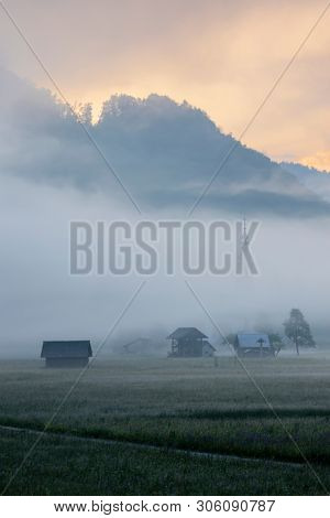 morning fog in river valley Sava Bohinjka, Slovenia