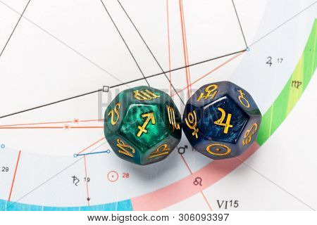 Astrology Dice With Zodiac Symbol Of Sagittarius Nov 22 - Dec 21 And Its Ruling Planet Jupiter On Na