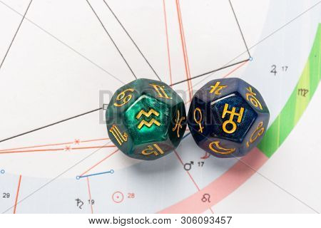 Astrology Dice With Zodiac Symbol Of Aquarius Jan 20 - Feb 18 And Its Ruling Planet Uranus On Natal 