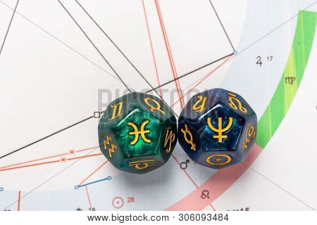 Astrology Dice With Zodiac Symbol Of Pisces Feb 19 - Mar 20 And Its Ruling Planet Neptune On Natal C