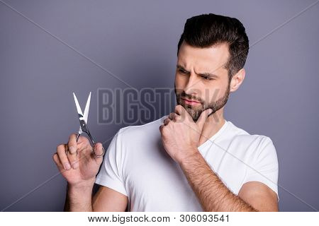 Close Up Photo Amazing He Him His Macho Deny Not Sure Use User Hand Arm Metal Hair Styling Scissors 
