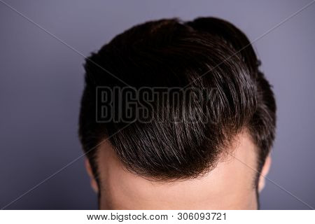 Cropped Close Up Top Above High Angle Photo Amazing He Him His Macho Showing Neat Groomed Head Hairc