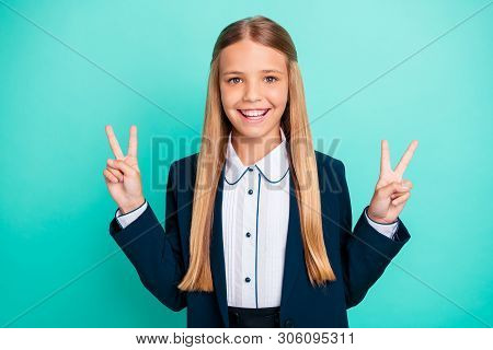 Close Up Photo Beautiful She Her Little Lady Funky Funny Long Hairdo Hand Arm Raised V-sign Positive