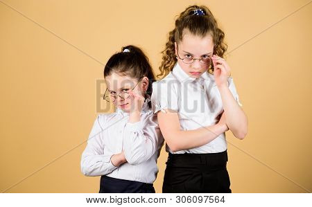 Confident Students. Friendship Forever. Back To School. Study Concept. Smart Small Girls At Lesson. 