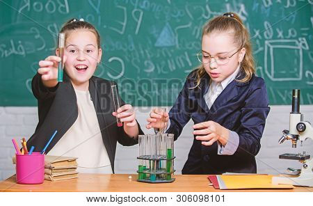 Be Careful Performing Chemical Reaction. Basic Knowledge Of Chemistry. Girls Study Chemistry. Make S