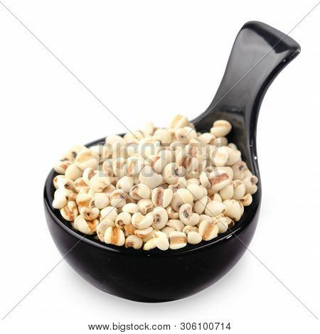 Job's Tears Or  Coix Lachrymal  Adlay In Wooden Spoon Is A Very Nutritious Cereal. The Seeds Are Ric