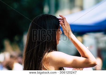 Tel Aviv Israel June 7, 2019 View Of Unknown Israeli Girl Walking At The Carmel Marquet In Tel Aviv 