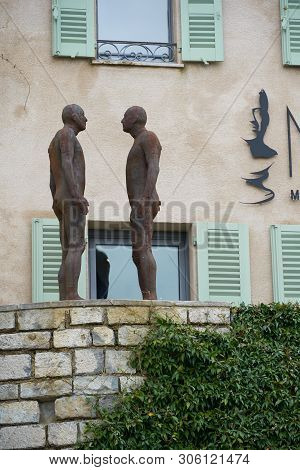 Mougins, France - April 03, 2019: Two Statues Of Naked Men In Mougins