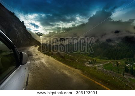 Storm Clouds Over Mountains Beside Road To Ladakh, Green Valley Scenery, Jammu And Kashmir, India