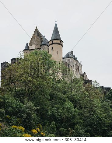 Low Angle View Of Vianden Castle, Luxembourg, One Of The Largest And Finest Feudal Residences Of The