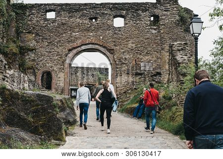 Vianden, Luxembourg - May 18, 2019: People Walking On The Path Towards Vianden Castle, Luxembourg, O