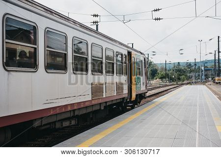 Ettelbruck, Luxembourg - May 18, 2019: Old Train On A Platform At Station In Ettelbruck, Luxembourg,