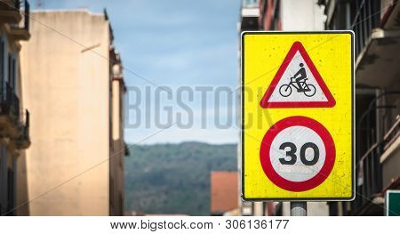 Road Sign Attention To Cycling Ban To Exceed 30 Km / H In Spain