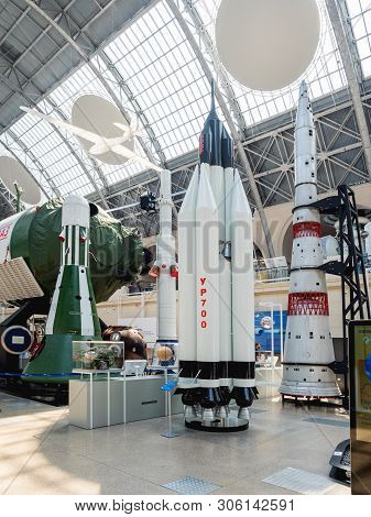 Moscow, Russia - June 08, 2019. Interior And Showpiecies Of Pavilion Space And Transport. Almaz Spac