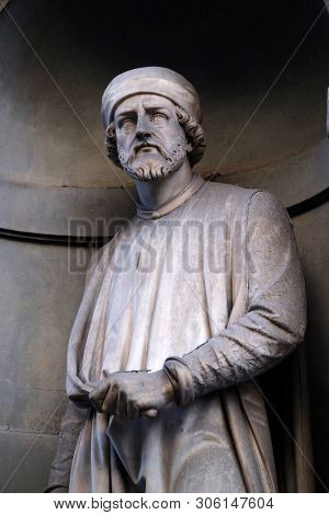 FLORENCE, ITALY - JANUARY 11, 2019: Donatello, statue in the Niches of the Uffizi Colonnade in Florence, Italy