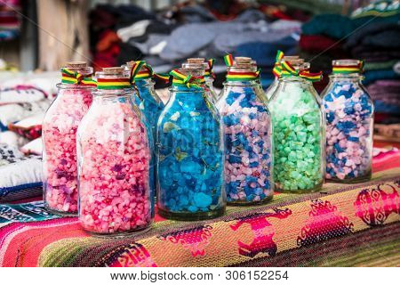 Traditional handcrafts on the market in main street of Uyuni,  Bolivia.