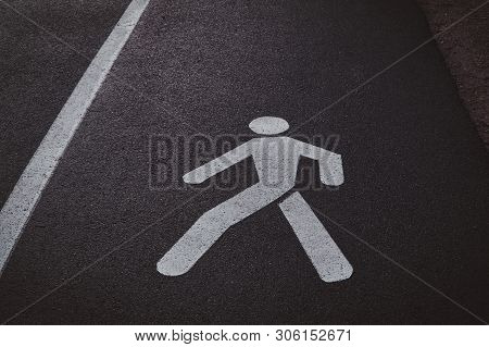 Grey Asphalt Road For Pedastrians, Market With Special Sign.
