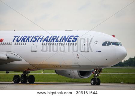 Otopeni, Romania - May 31, 2019: Turkish Airlines Airplane On The Runway Of Henri Coanda Internation
